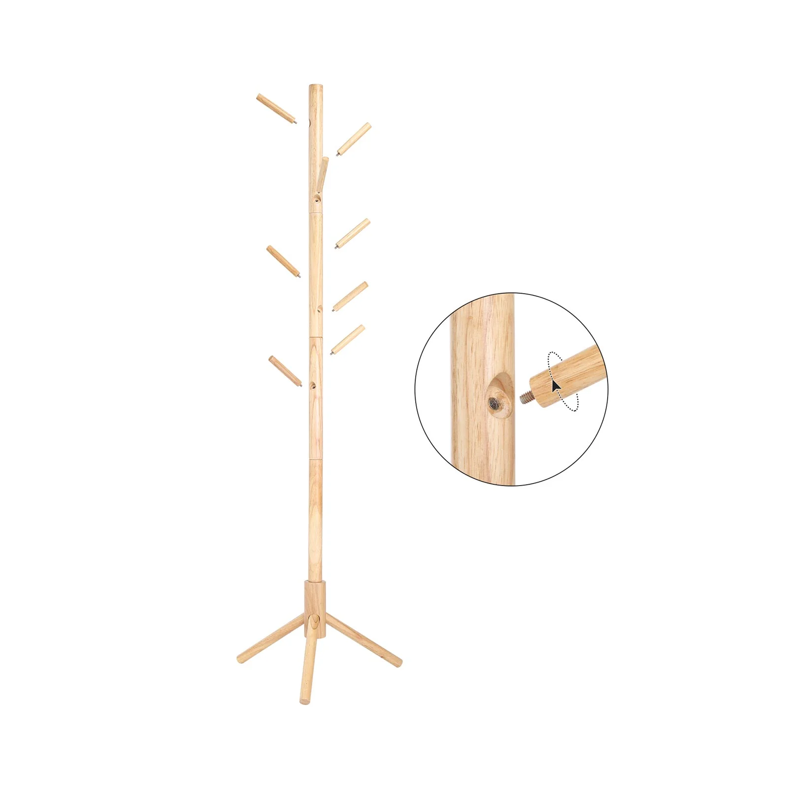 Kapstok van Massief Rubberhout – Vrijstaand – 8 Haken – Verstelbare Hoogte – 47 x 47 x 175 cm – Naturel - Image 5