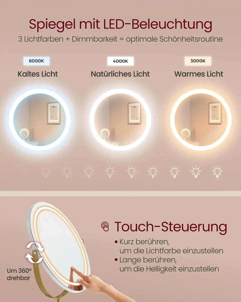 Kaptafel met Kruk - LED Verlichte Spiegel - Luxe Make-up Tafel - Image 4