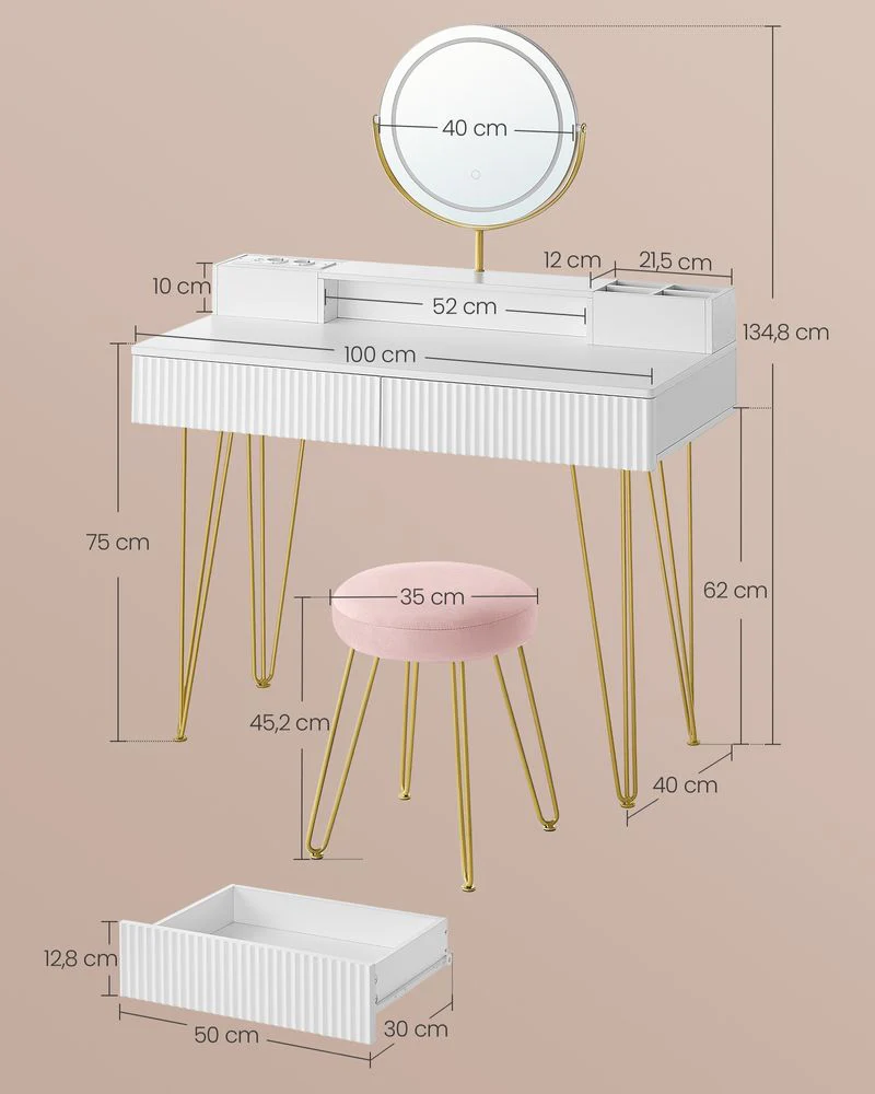 Kaptafel met Kruk - LED Verlichte Spiegel - Luxe Make-up Tafel - Image 7