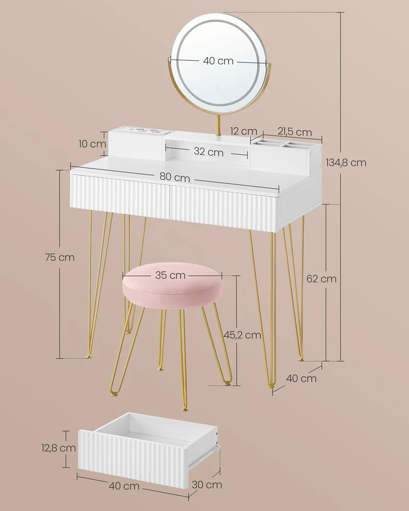 Kaptafel met Kruk - LED Verlichte Spiegel - Luxe Make-up Tafel - Image 8