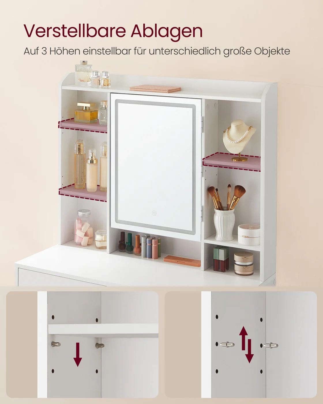 Kaptafel – met Ledverlichting – Met 2 Lade en Opbergvakken - Openklapbare Spiegel - Image 5