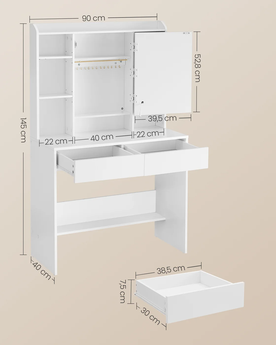 Kaptafel – met Ledverlichting – Met 2 Lade en Opbergvakken - Openklapbare Spiegel - Image 6