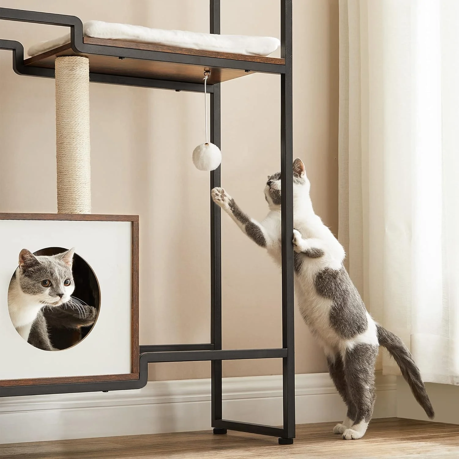 Kattenboom Kast met Krabfunctie – Met Platform, Kussen, Hol en Opbergblad – 114 cm Hoog - Image 5