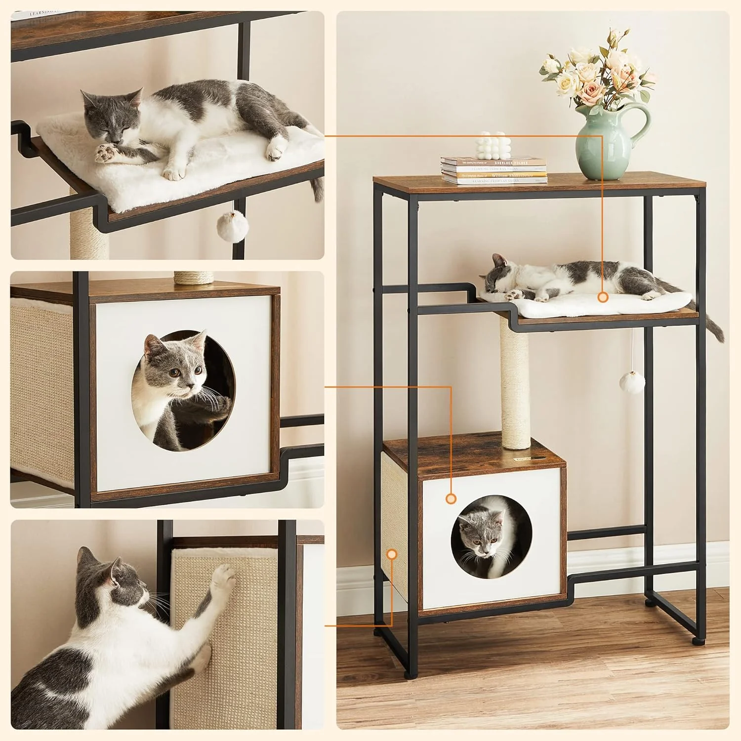 Kattenboom Kast met Krabfunctie – Met Platform, Kussen, Hol en Opbergblad – 114 cm Hoog - Image 6
