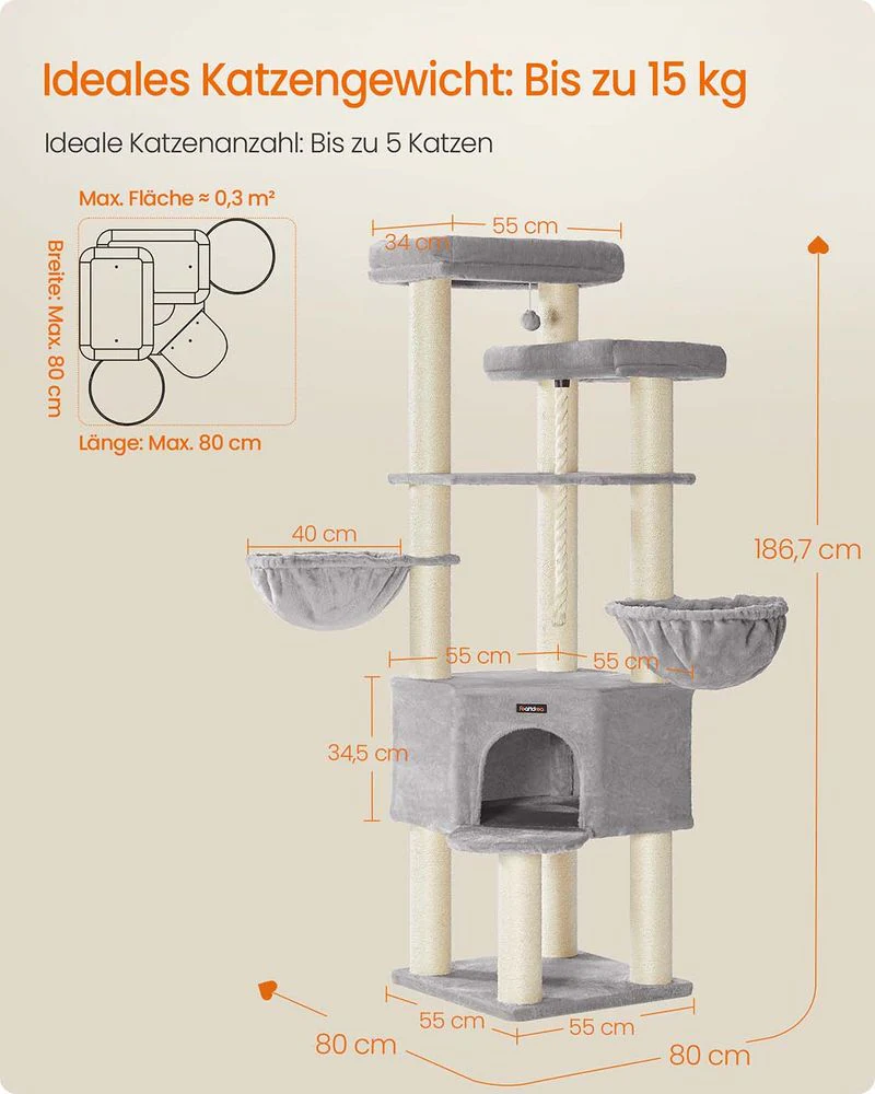 Kattenkrabpaal – XXL Krabmeubel met 13 Krabpalen – 187 cm Hoog - Image 8