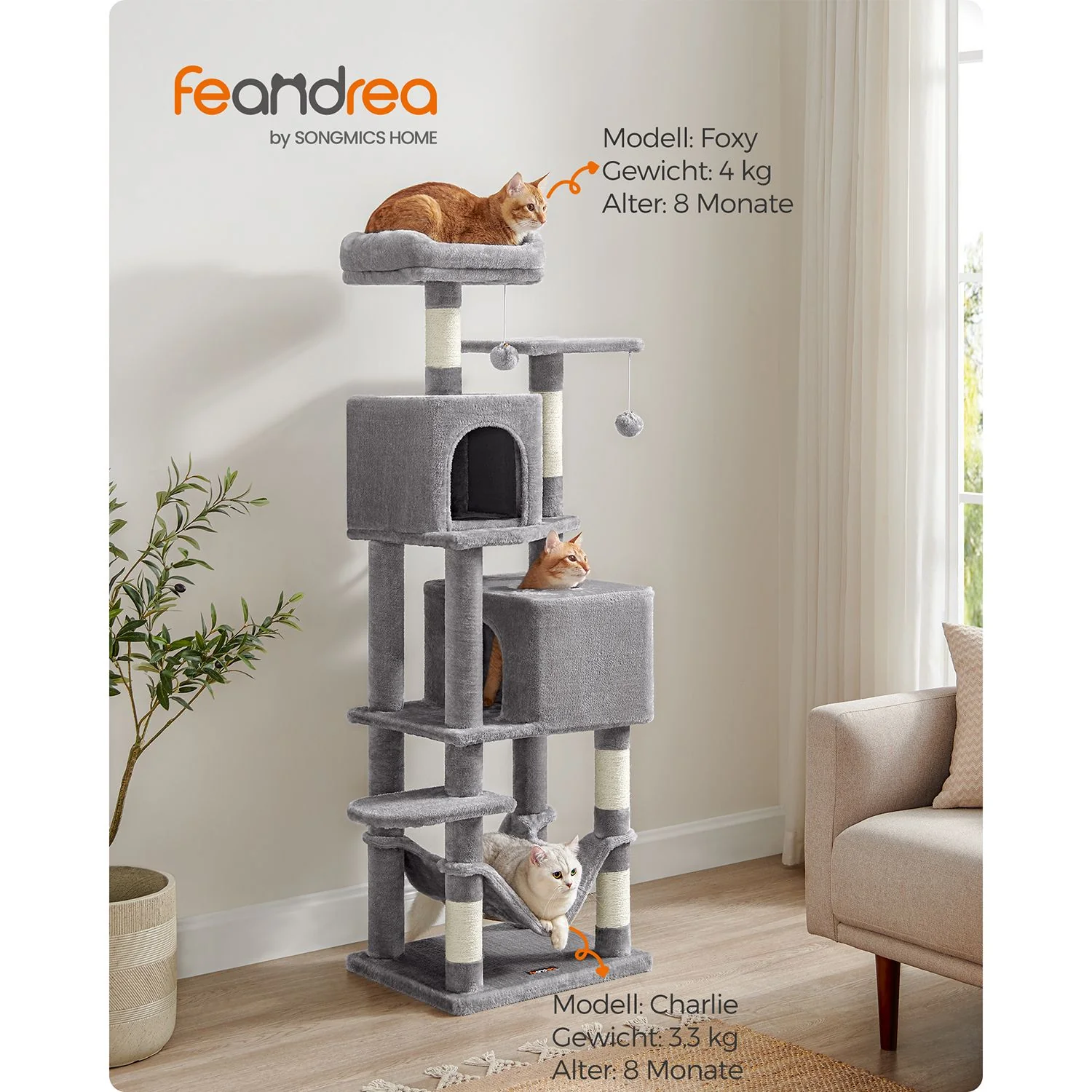 Kattentoren met 2 Grotten en Krabpalen – 155 cm Hoog – Multilevel Speelhuis voor Meerdere Katten - Image 3