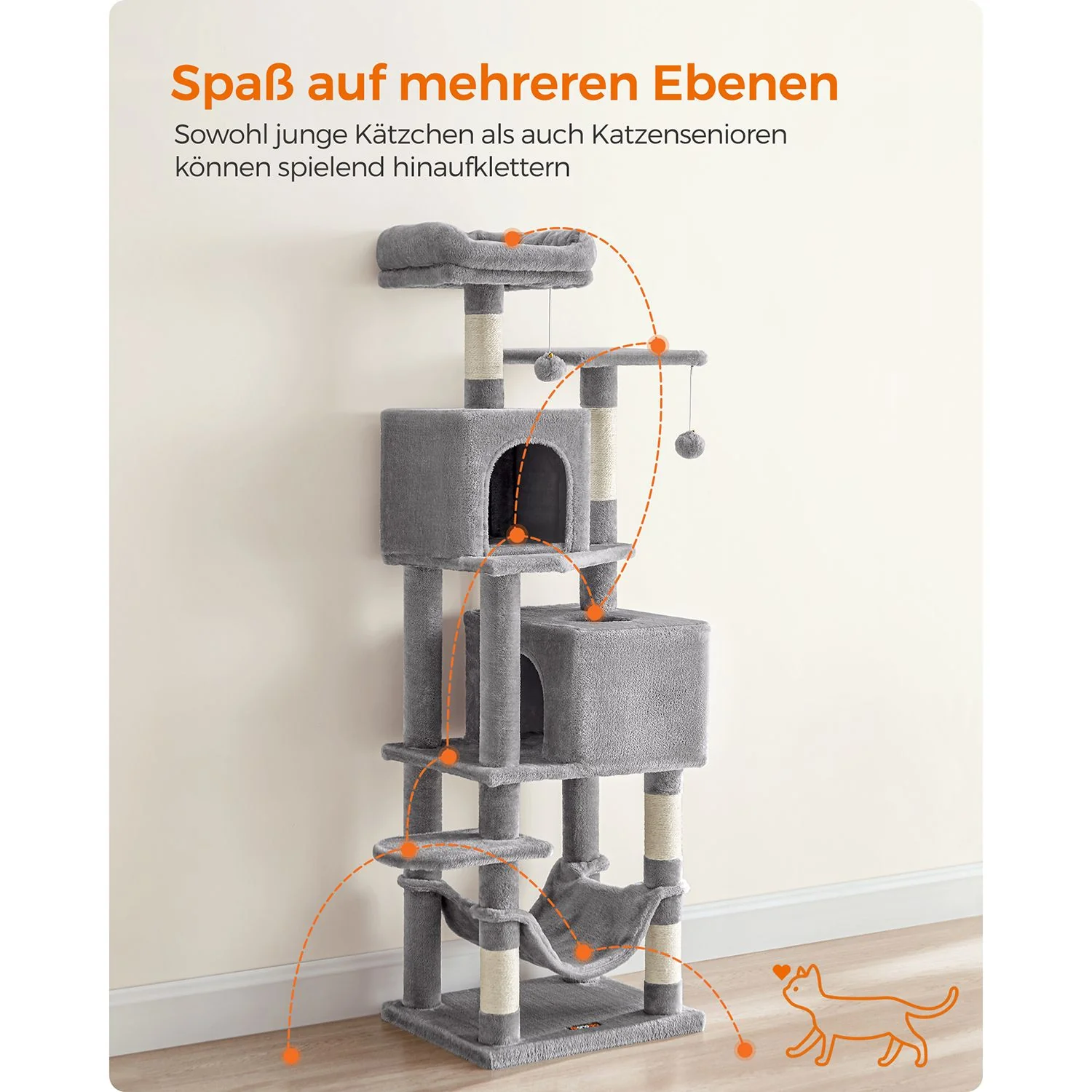 Kattentoren met 2 Grotten en Krabpalen – 155 cm Hoog – Multilevel Speelhuis voor Meerdere Katten - Image 4