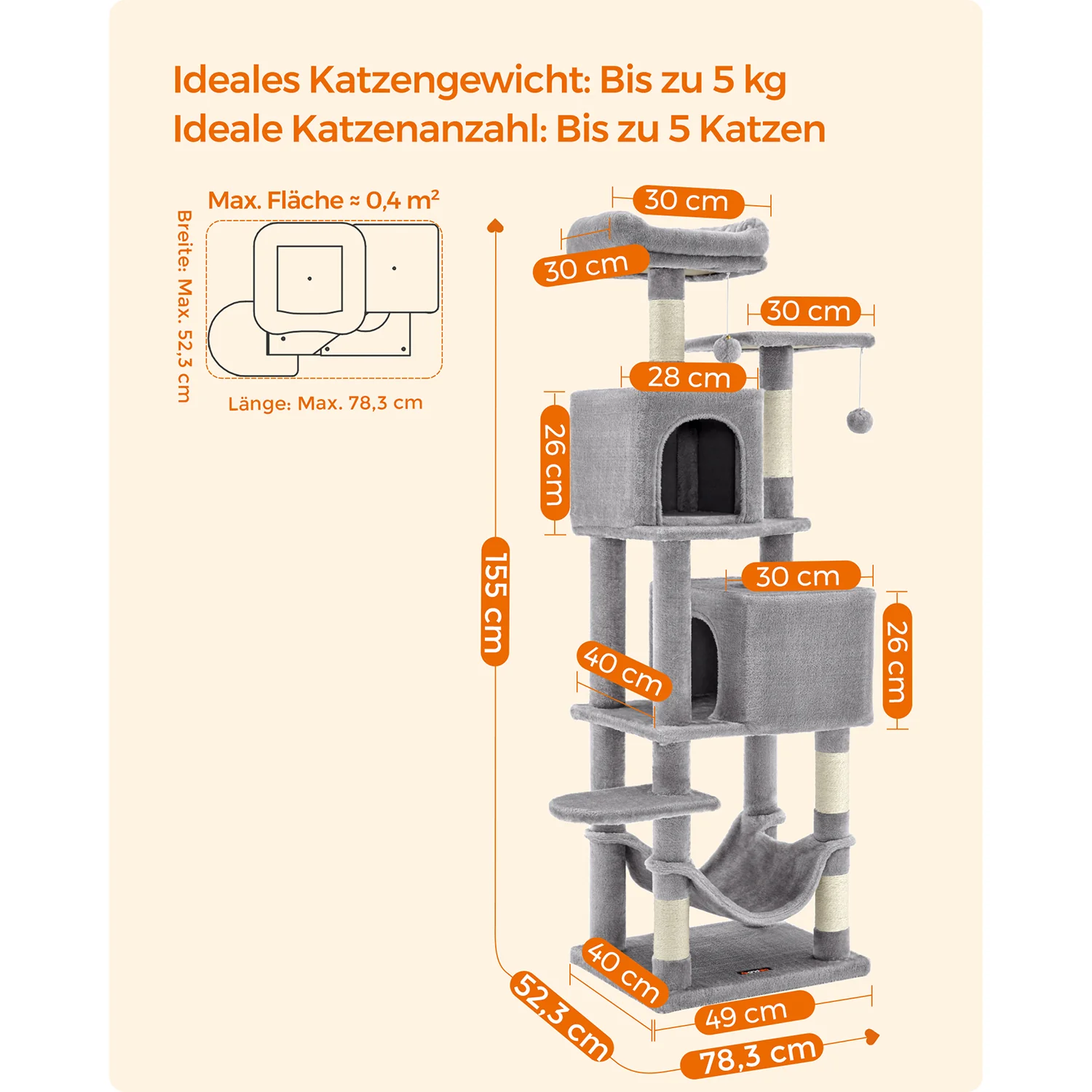 Kattentoren met 2 Grotten en Krabpalen – 155 cm Hoog – Multilevel Speelhuis voor Meerdere Katten - Image 7