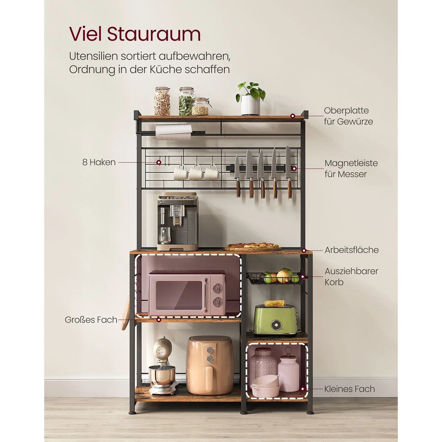 Keukenkast – Vrijstaande Keukenplank met Magnetische Messenhouder en Draadmand – 12 Haken - Image 2