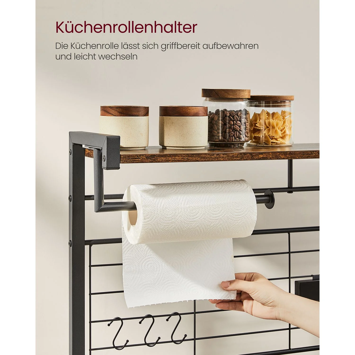 Keukenkast – Vrijstaande Keukenplank met Magnetische Messenhouder en Draadmand – 12 Haken - Image 4