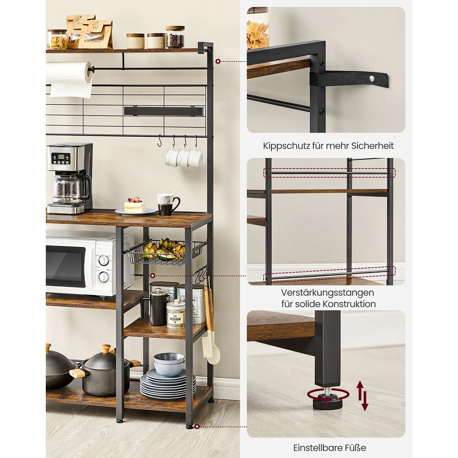 Keukenkast – Vrijstaande Keukenplank met Magnetische Messenhouder en Draadmand – 12 Haken - Image 8