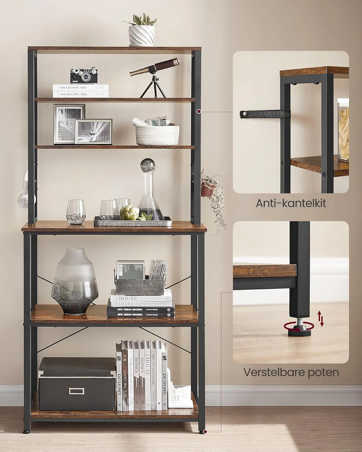 Keukenrek met 4 planken – Industriële Stijl – Met 6 S-haken – Verstelbare Poten - Keukenkast - Image 9