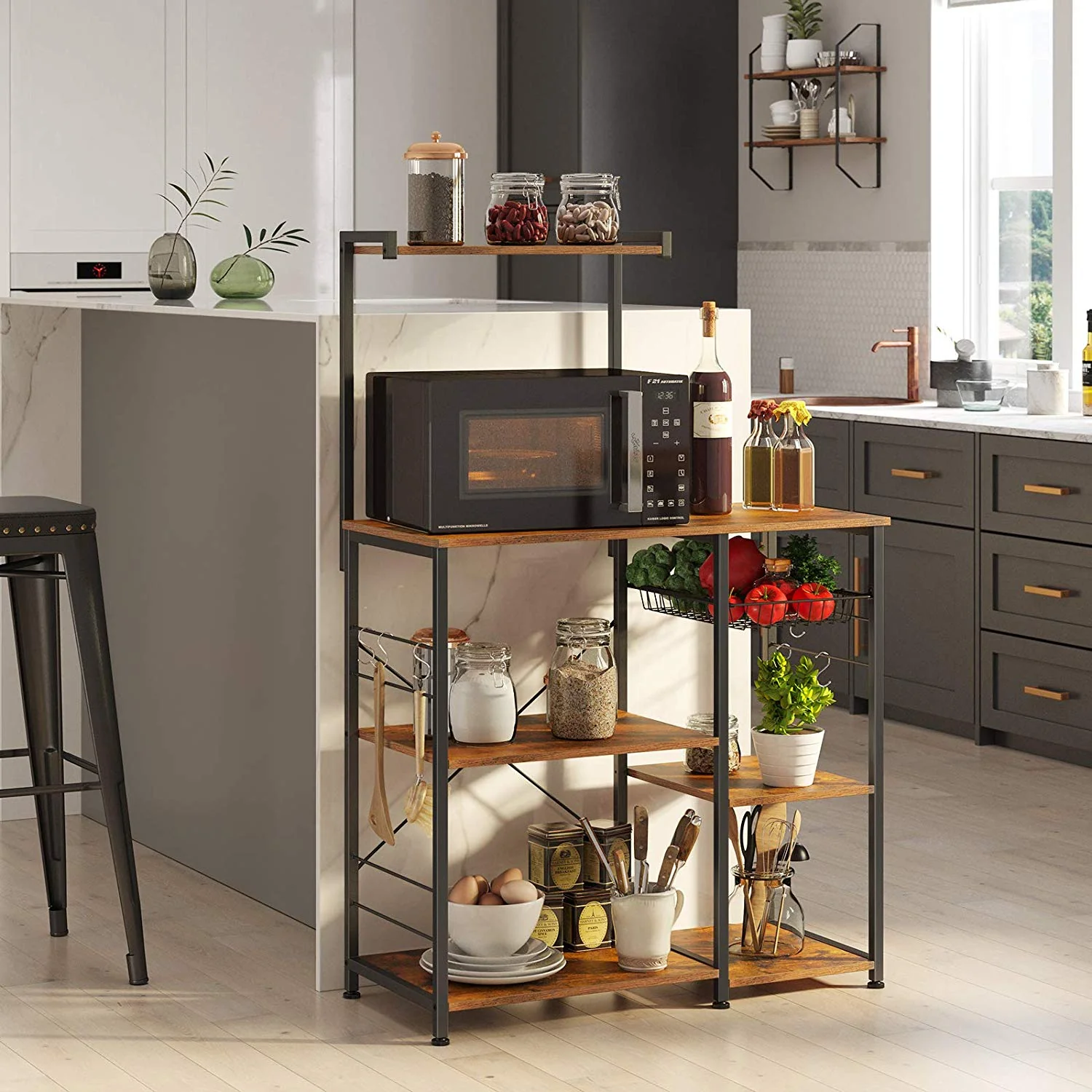 Keukenrek met Draadmand en Haken – Industrieel Design – 90 cm Breed – Multifunctioneel Bakrek - Image 3