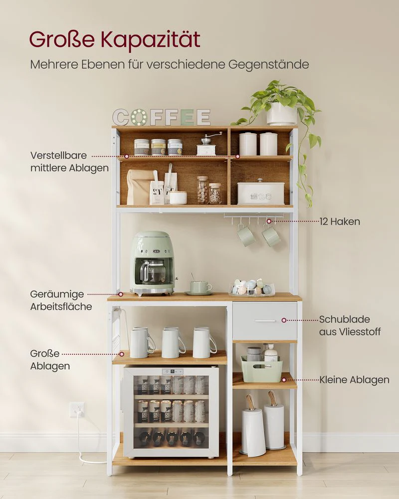 Keukenrek met Ingebouwd Stopcontact – 100 cm Breed – Met Stoffen Lade, Verstelbare Planken en 12 Haken - Image 5