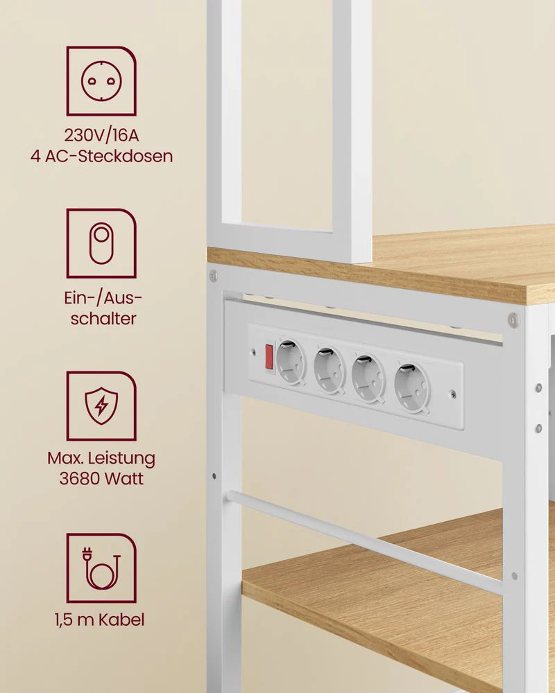Keukenrek met Ingebouwd Stopcontact – 100 cm Breed – Met Stoffen Lade, Verstelbare Planken en 12 Haken - Image 6