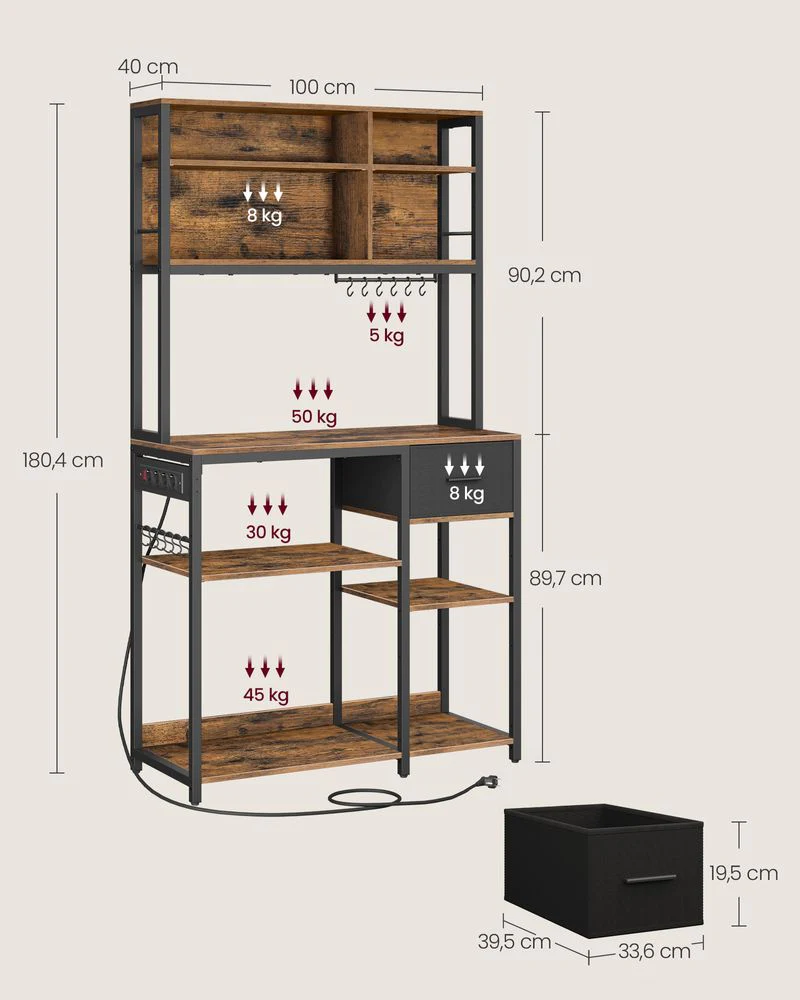 Keukenrek met Ingebouwd Stopcontact – 100 cm Breed – Met Stoffen Lade, Verstelbare Planken en 12 Haken - Image 8