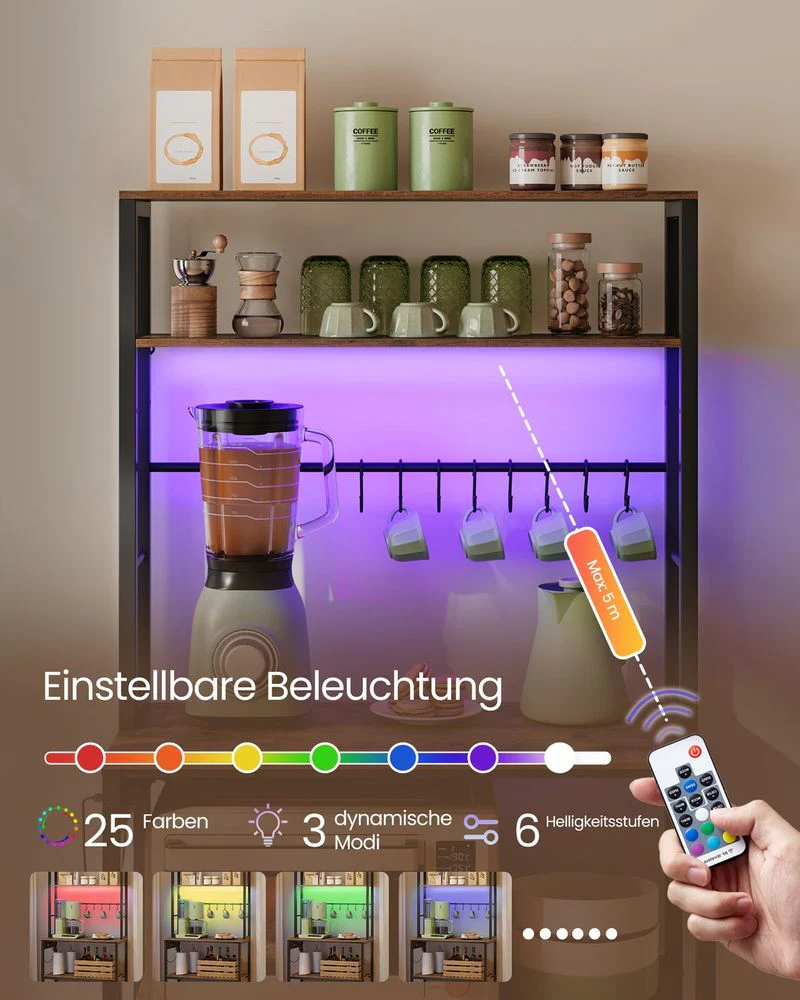 Keukenrek Met LED-Verlichting – Industrieel Ontwerp – Met Stopcontacten En USB-C – Verstelbare Planken – 80 cm Breed - Image 3