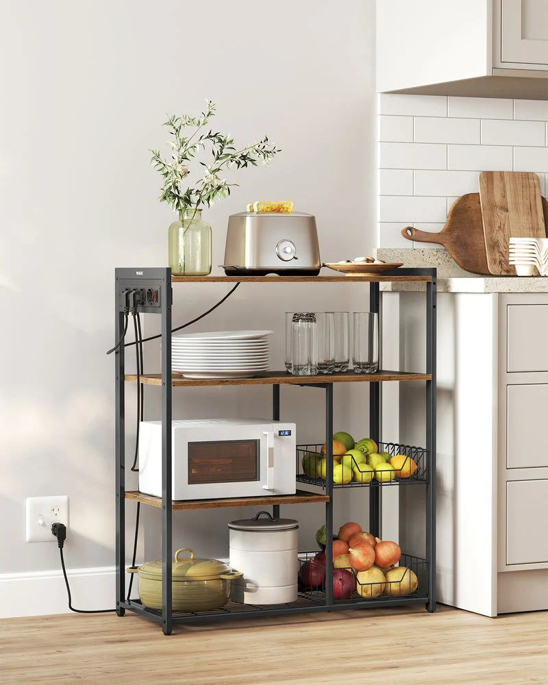 Keukenrek met Stopcontact – 80 cm Breed – Met Gaasmanden, 6 Haken en Meerdere Planken – Magnetronrek met Industriële Look - Image 3