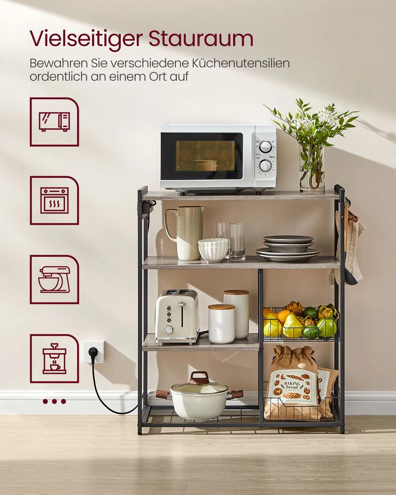 Keukenrek met Stopcontact – 80 cm Breed – Met Gaasmanden, 6 Haken en Meerdere Planken – Magnetronrek met Industriële Look - Image 4