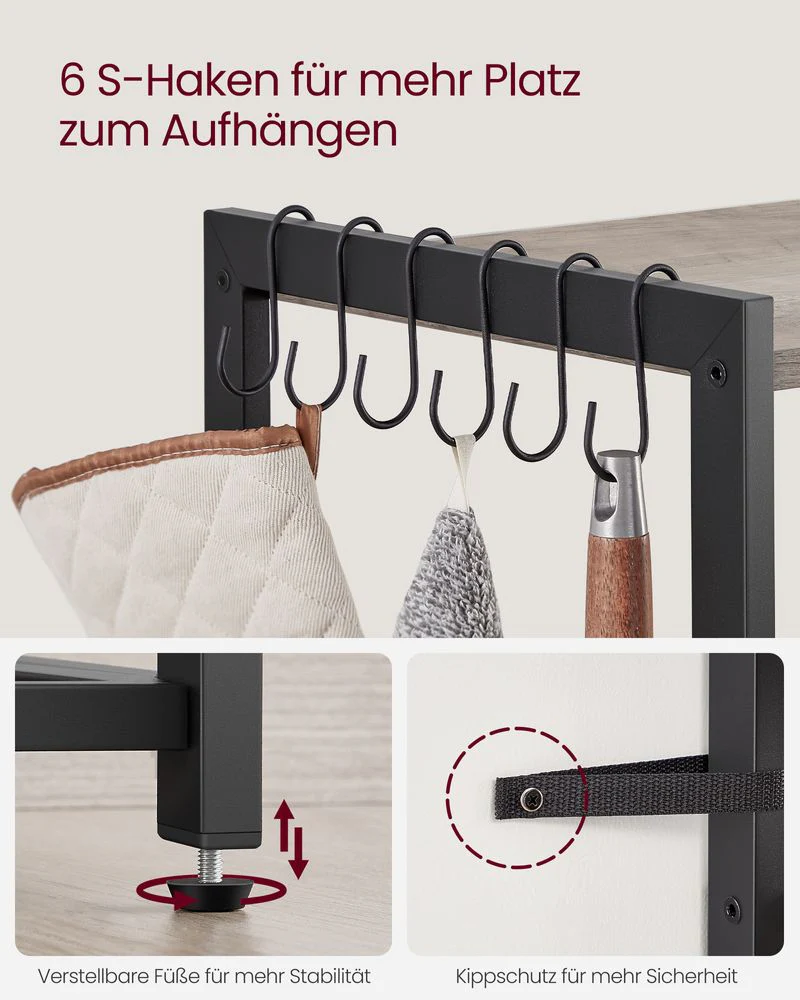 Keukenrek met Stopcontact – 80 cm Breed – Met Gaasmanden, 6 Haken en Meerdere Planken – Magnetronrek met Industriële Look - Image 7