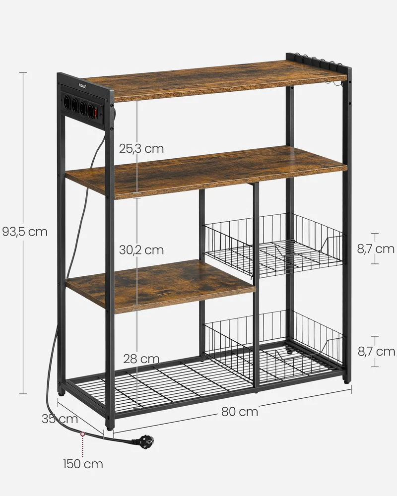Keukenrek met Stopcontact – 80 cm Breed – Met Gaasmanden, 6 Haken en Meerdere Planken – Magnetronrek met Industriële Look - Image 8