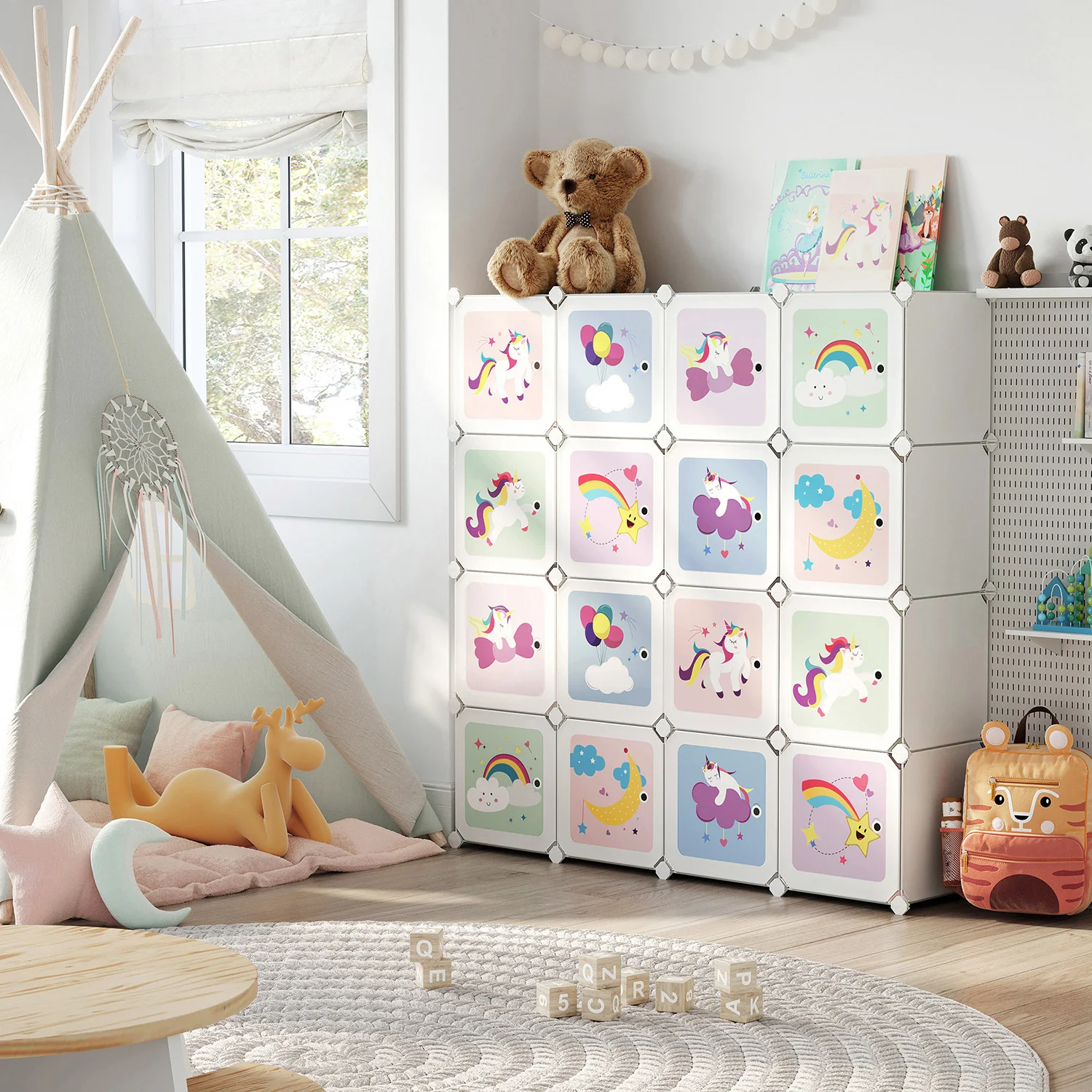 Kinder Boekenkast met 16 Kubussen – Opbergkast met Deuren – 123 x 31 x 123 cm – Sprookjesdesign - Image 3