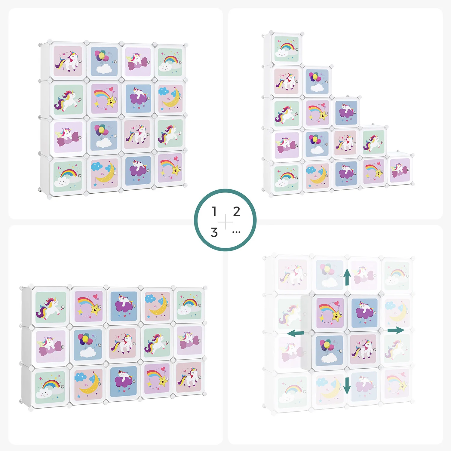 Kinder Boekenkast met 16 Kubussen – Opbergkast met Deuren – 123 x 31 x 123 cm – Sprookjesdesign - Image 4