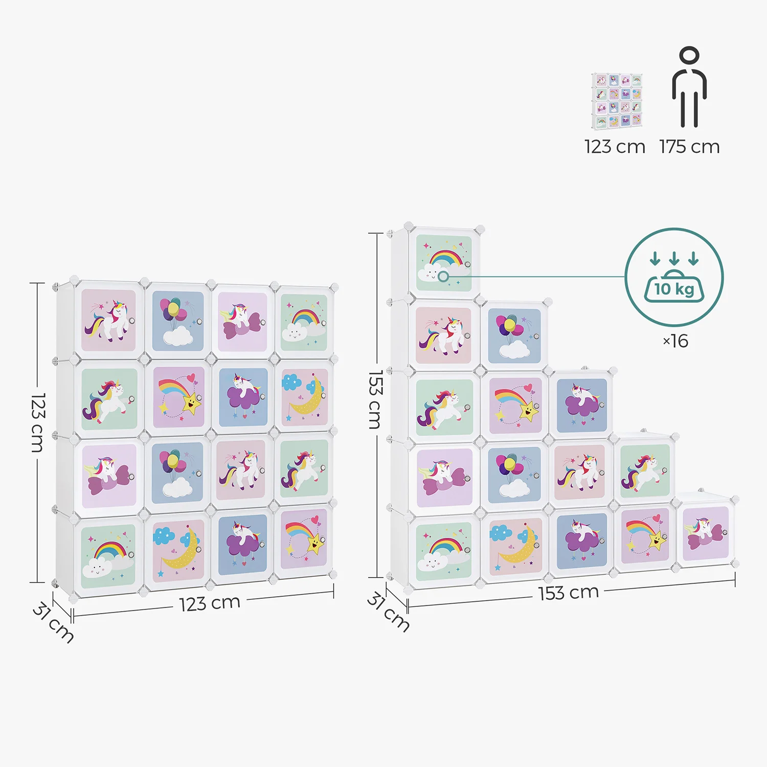 Kinder Boekenkast met 16 Kubussen – Opbergkast met Deuren – 123 x 31 x 123 cm – Sprookjesdesign - Image 7