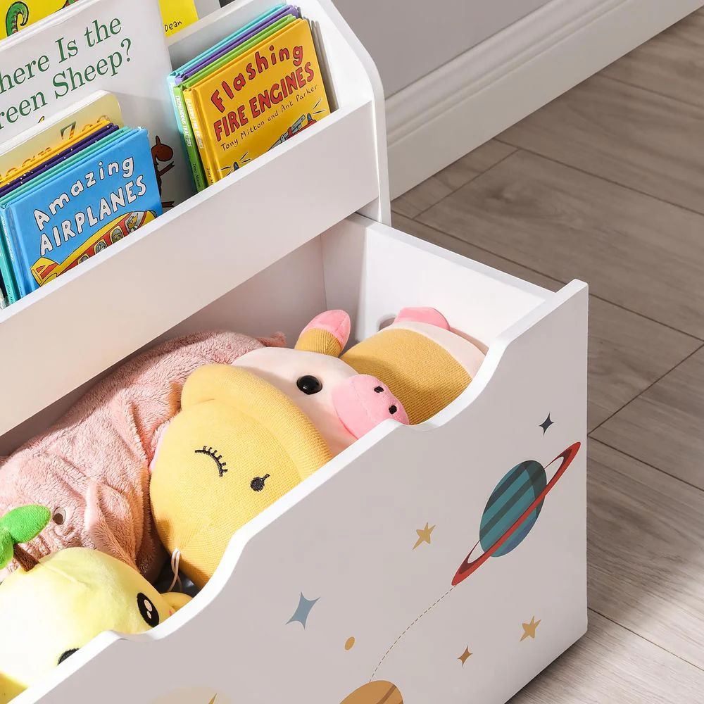 Kinderboekenkast met Speelgoedkist – Organizer met Ruimtethema – Met Wielen en Anti-Kantelbeveiliging – 62,5 cm Breed - Image 3