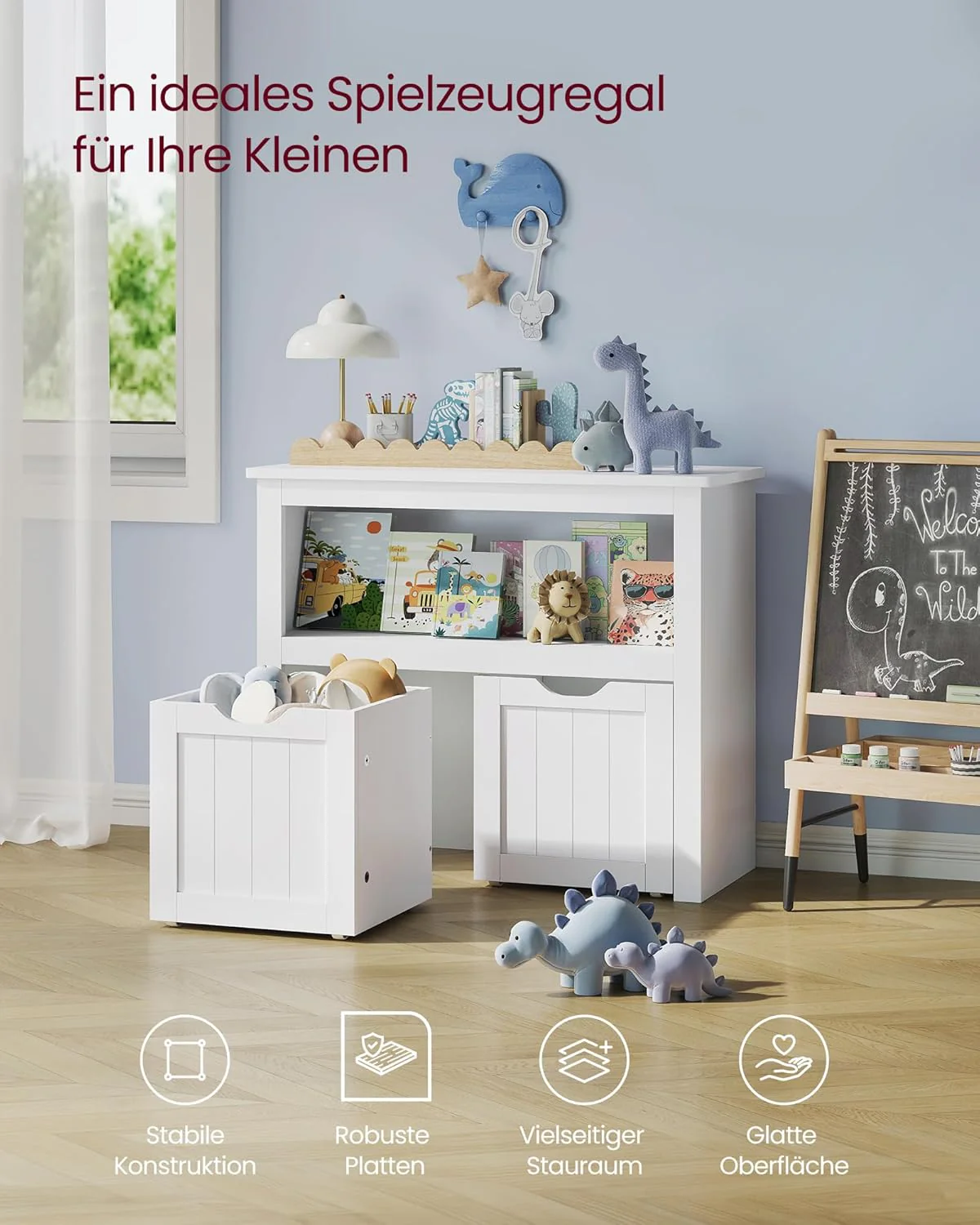 Kinderkast met Opbergboxen en Wielen – Speelgoedkast 72 cm – Wit - Image 5