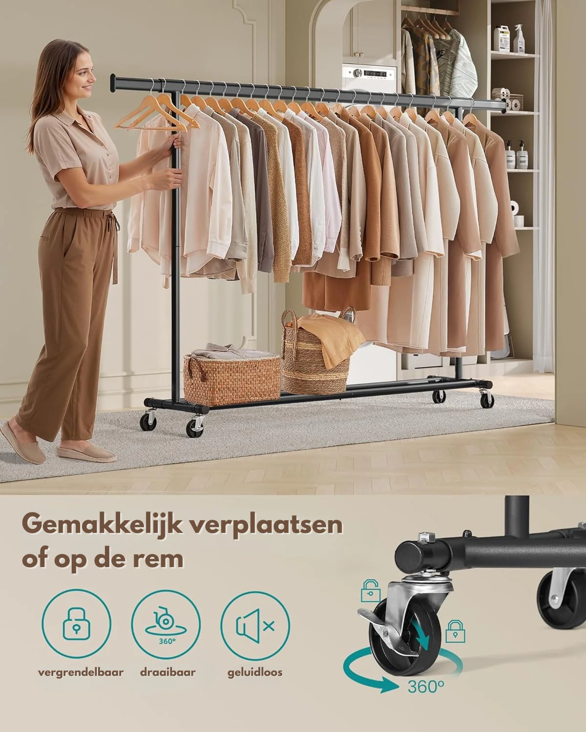 Kledingrek Op Wielen – Uitschuifbaar – Draagkracht 150 kg – Verchroomd Staal – Met Remfunctie - Image 7