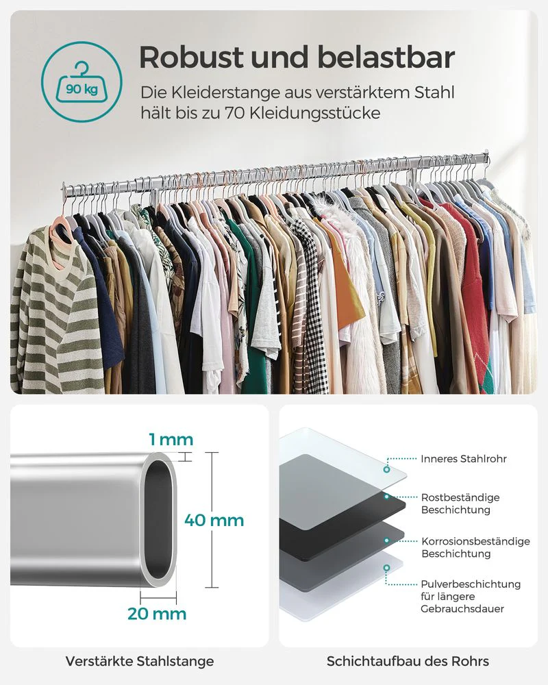 Kledingrek op Wielen – Uitschuifbaar – Verchroomd Metaal – 90 kg Draagvermogen - Image 4