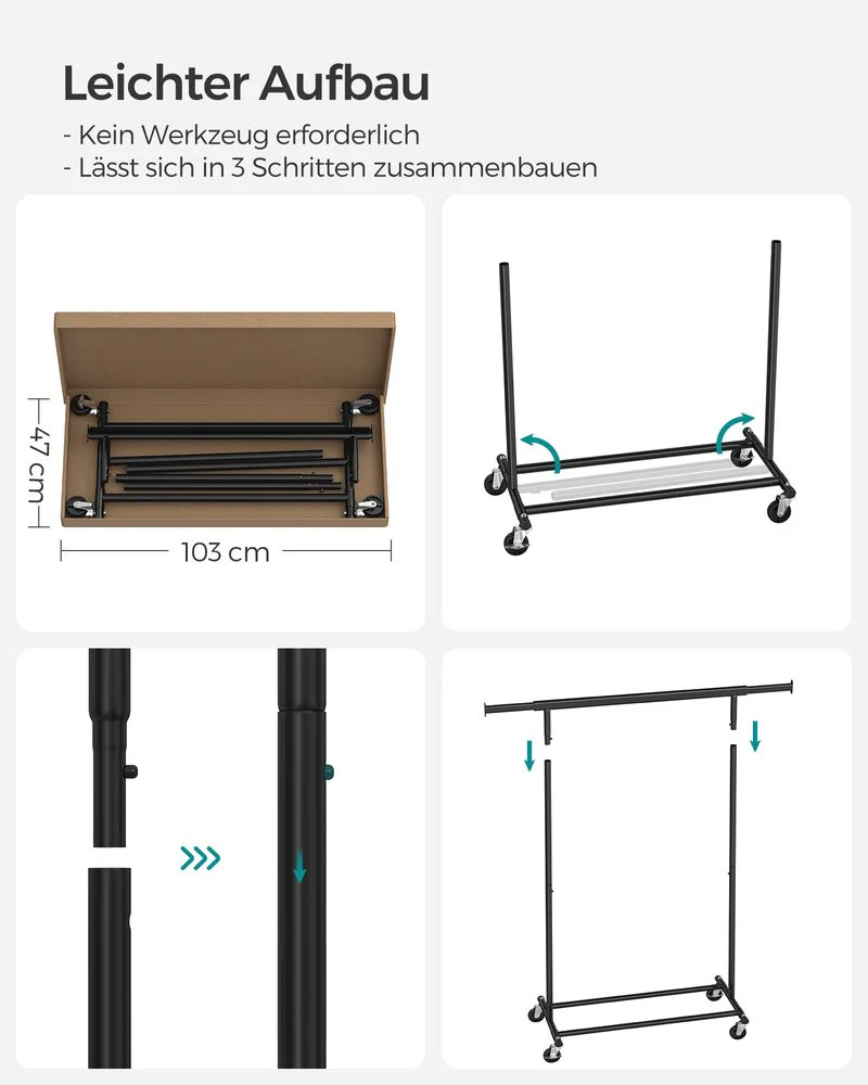 Kledingrek op Wielen – Uitschuifbaar – Verchroomd Metaal – 90 kg Draagvermogen - Image 8