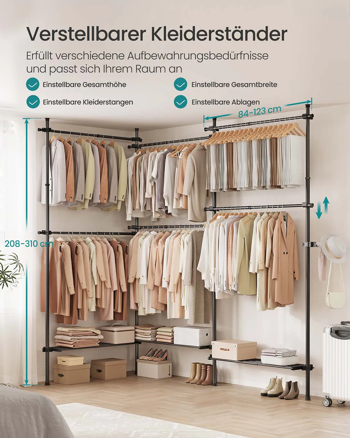Kledingrek – Uitschuifbaar – 6 Stangen – 3 Planken – Staal – Max. belasting 137,5 kg - Image 2