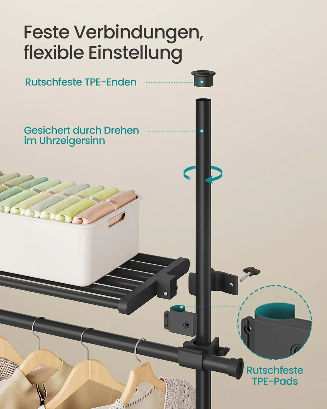 Kledingrek – Uitschuifbaar – 6 Stangen – 3 Planken – Staal – Max. belasting 137,5 kg - Image 3