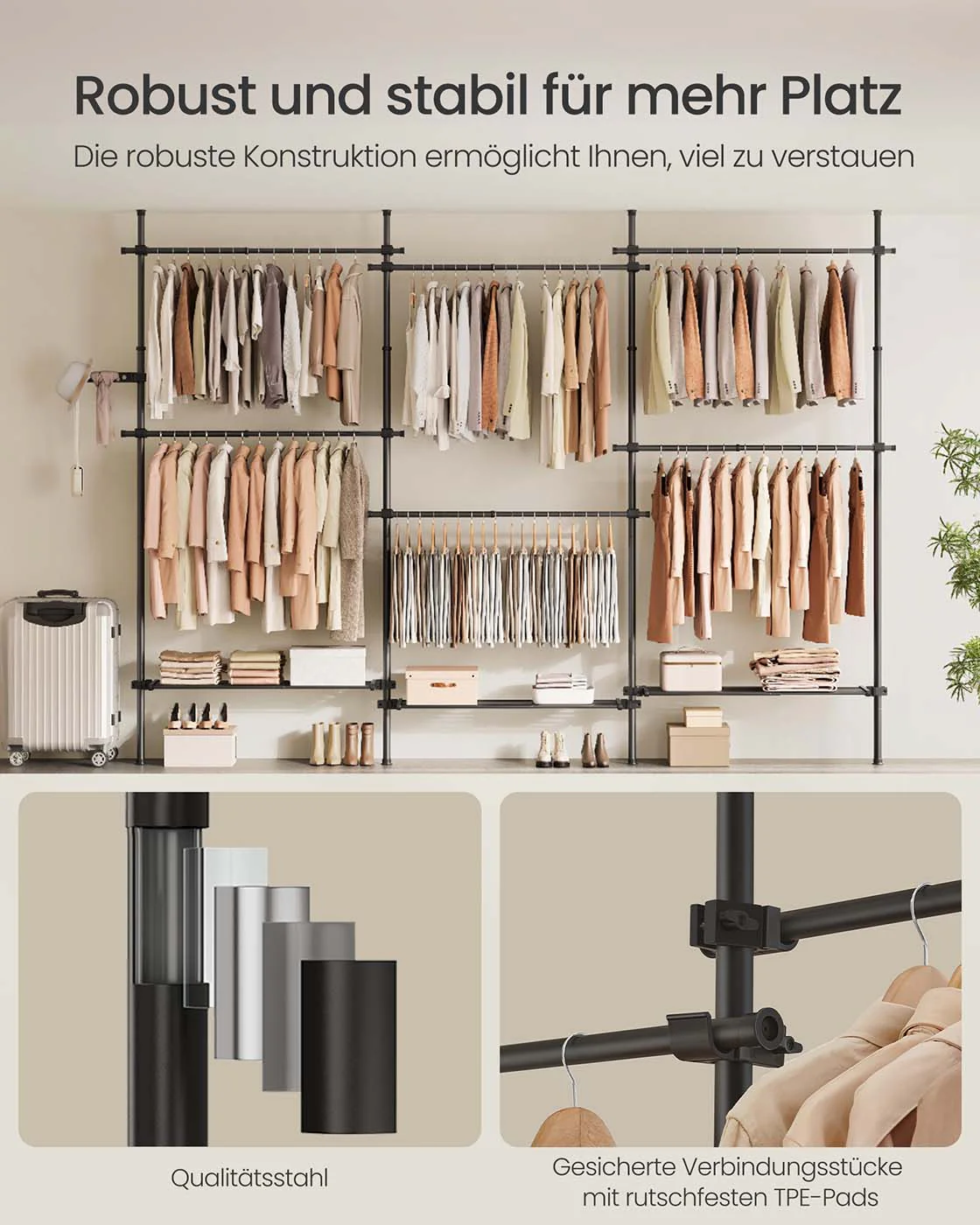 Kledingrek – Uitschuifbaar – 6 Stangen – 3 Planken – Staal – Max. belasting 137,5 kg - Image 4