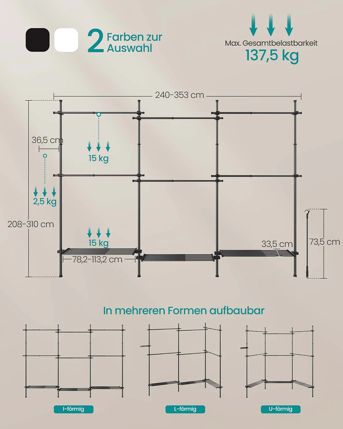 Kledingrek – Uitschuifbaar – 6 Stangen – 3 Planken – Staal – Max. belasting 137,5 kg - Image 5