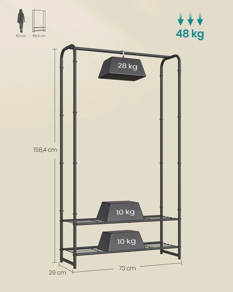Kledingrek Zwart Metaal – Open Garderoberek – Met Legplanken en Verstelbare Voeten – 73 cm Breed – Tot 48 kg Draagvermogen - Image 10