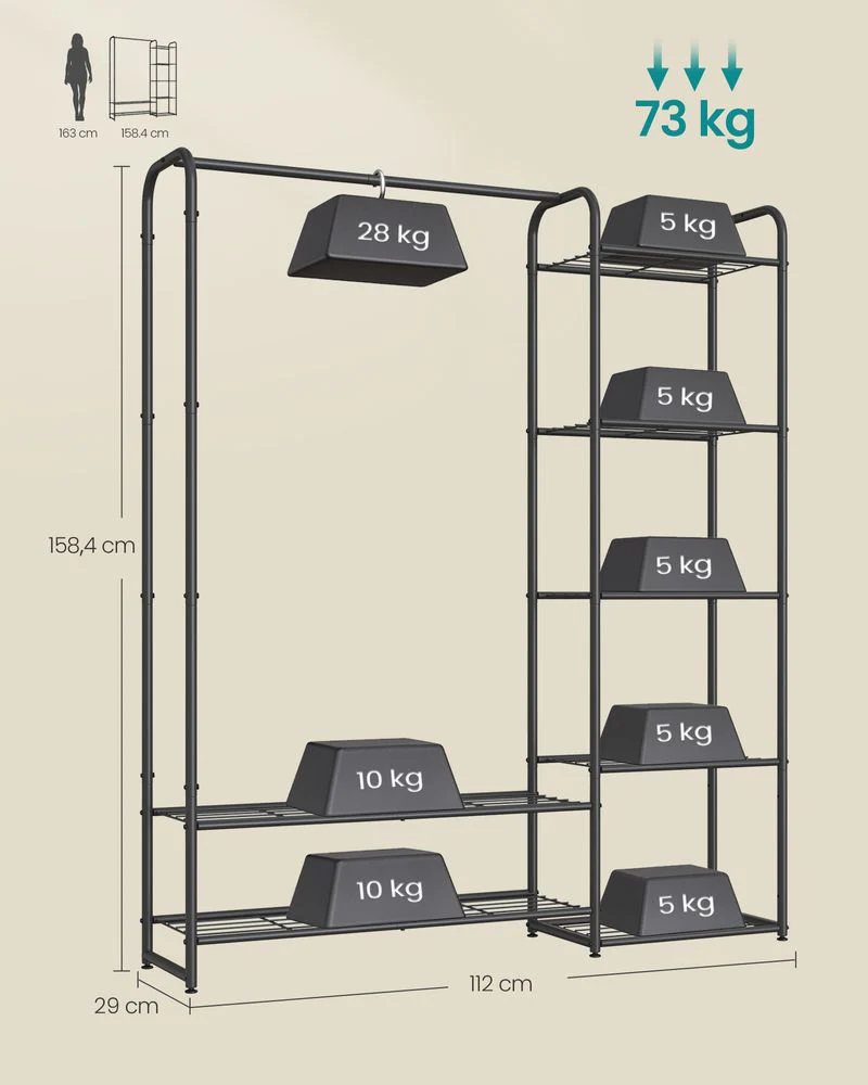 Kledingrek Zwart Metaal – Open Garderoberek – Met Legplanken en Verstelbare Voeten – 73 cm Breed – Tot 48 kg Draagvermogen - Image 11