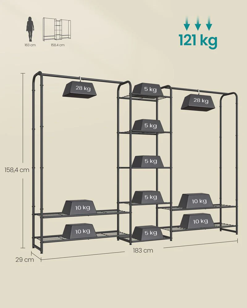 Kledingrek Zwart Metaal – Open Garderoberek – Met Legplanken en Verstelbare Voeten – 73 cm Breed – Tot 48 kg Draagvermogen - Image 12