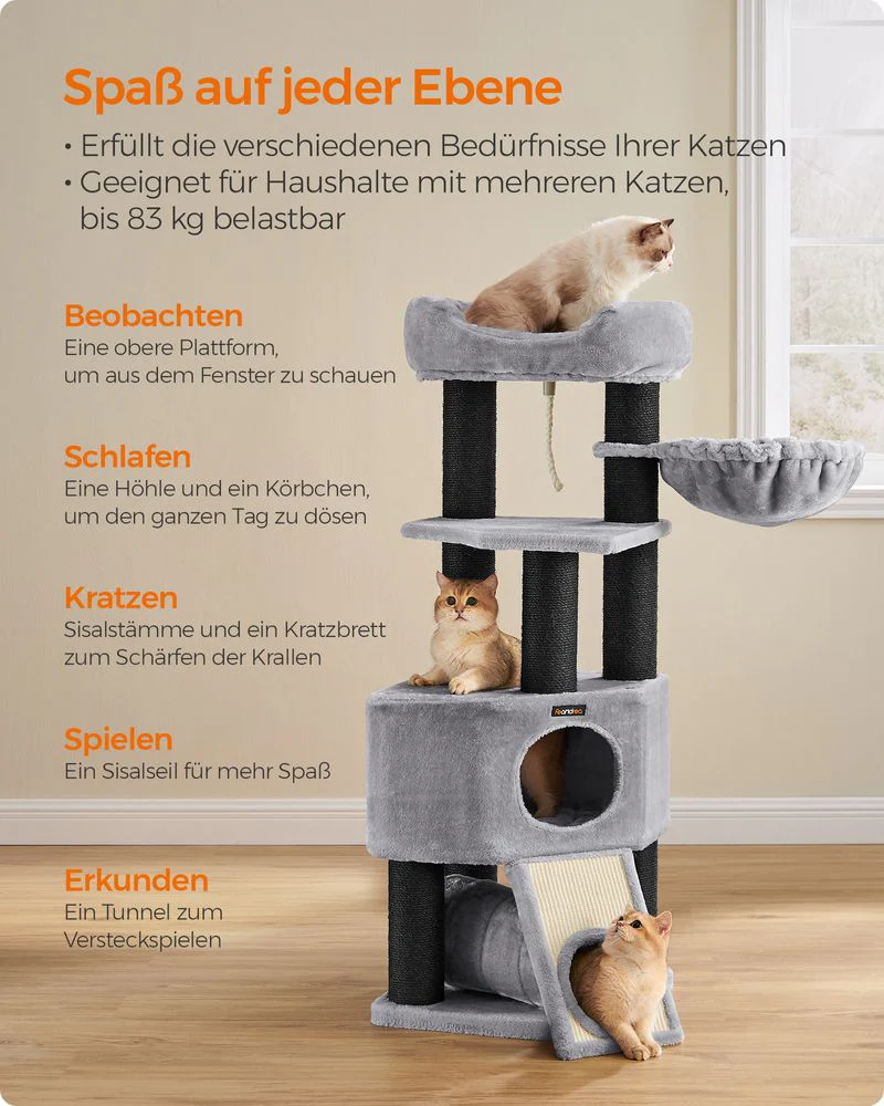 Krabpaal met Speeltunnel - Kattentoren met Hangmat - Kattenboom met Pluche Ligplekken - Image 3