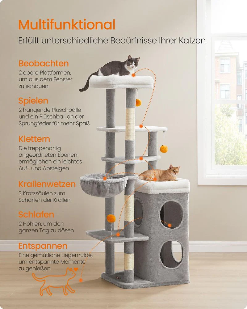 Krabpaal met Twee Kattenholen – 152 cm – Duifgrijs – Voor Meerdere Katten - Image 5