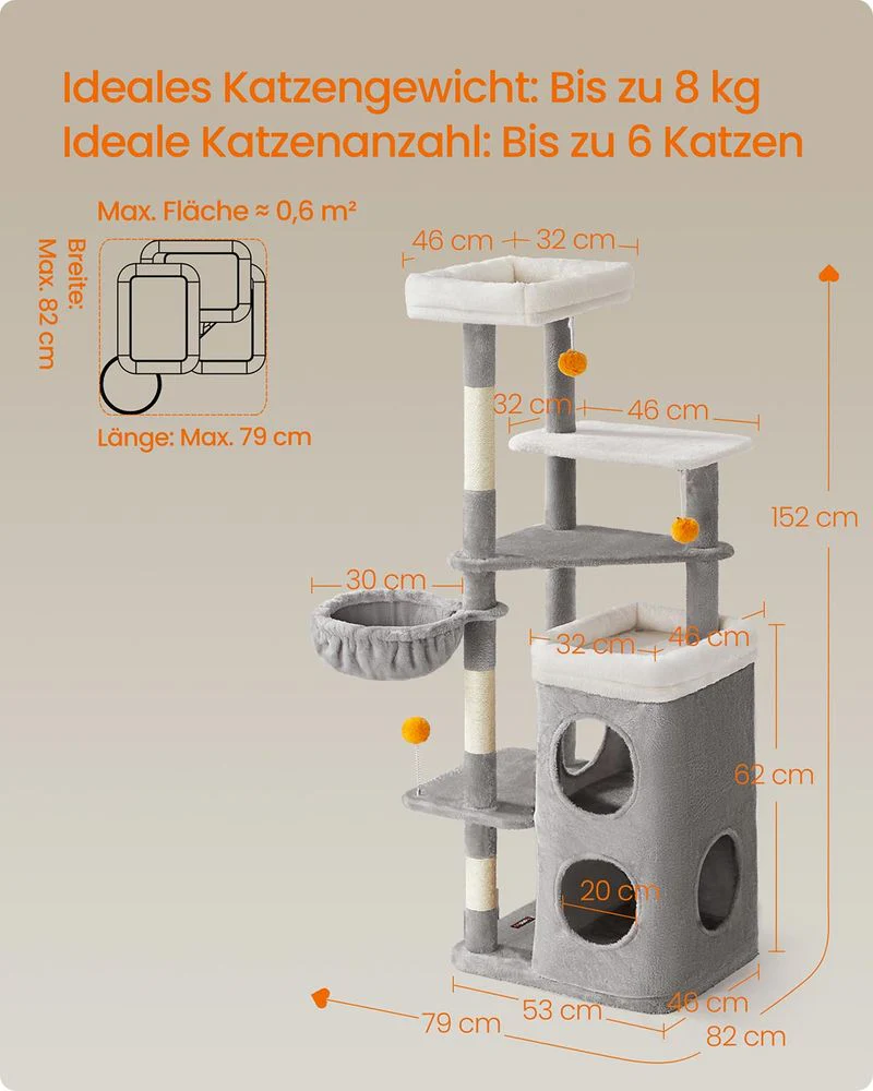 Krabpaal met Twee Kattenholen – 152 cm – Duifgrijs – Voor Meerdere Katten - Image 7