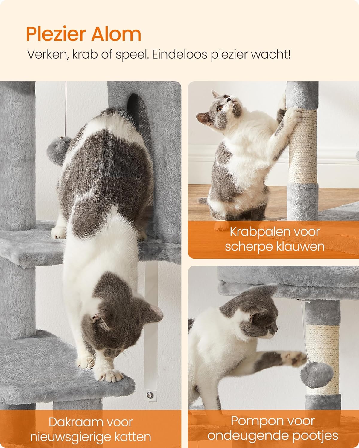 Krabpaal voor Katten – Met Hangmat, Knuffelgrot en Speelballetje – 143 cm Hoog – Voor 1-4 Katten - Image 15