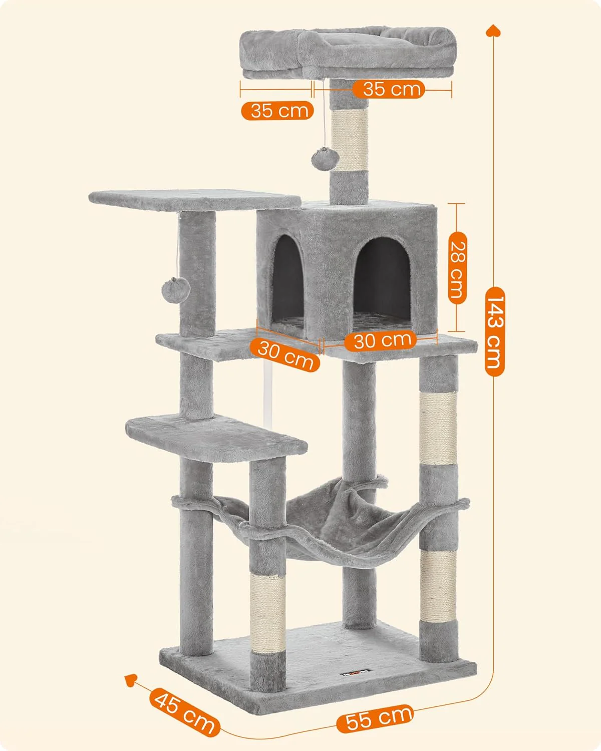 Krabpaal voor Katten – Met Hangmat, Knuffelgrot en Speelballetje – 143 cm Hoog – Voor 1-4 Katten - Image 3
