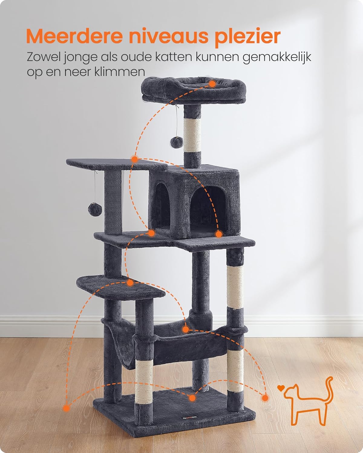 Krabpaal voor Katten – Met Hangmat, Knuffelgrot en Speelballetje – 143 cm Hoog – Voor 1-4 Katten - Image 5