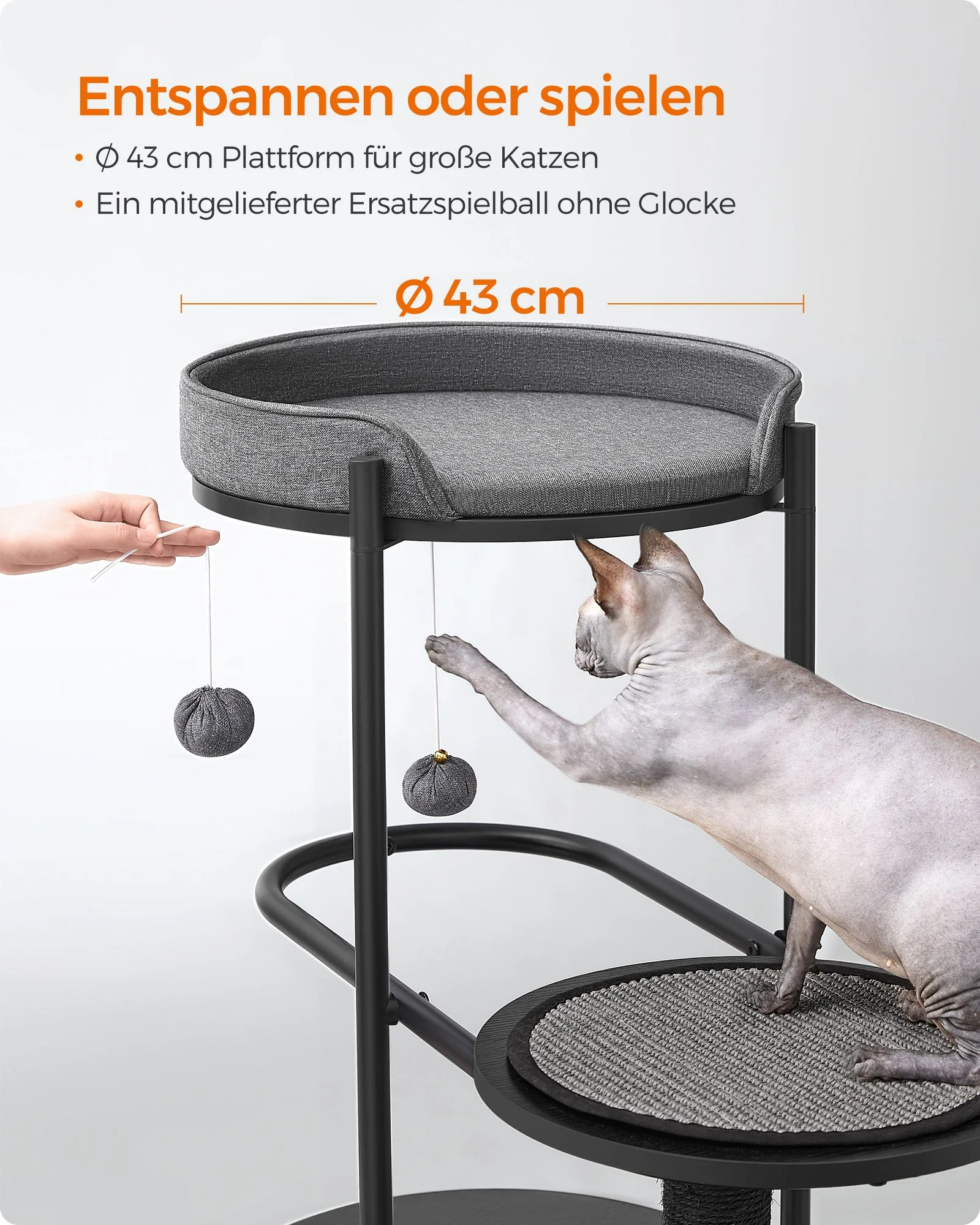 Krabpalen – 111 cm hoog – Metalen buizen – Kussen en platform – Sisalpaal – Kattenspeelbal – 80 x 43 cm – Voor kleine, grote en oude katten – Draagkracht 60 kg - Image 3