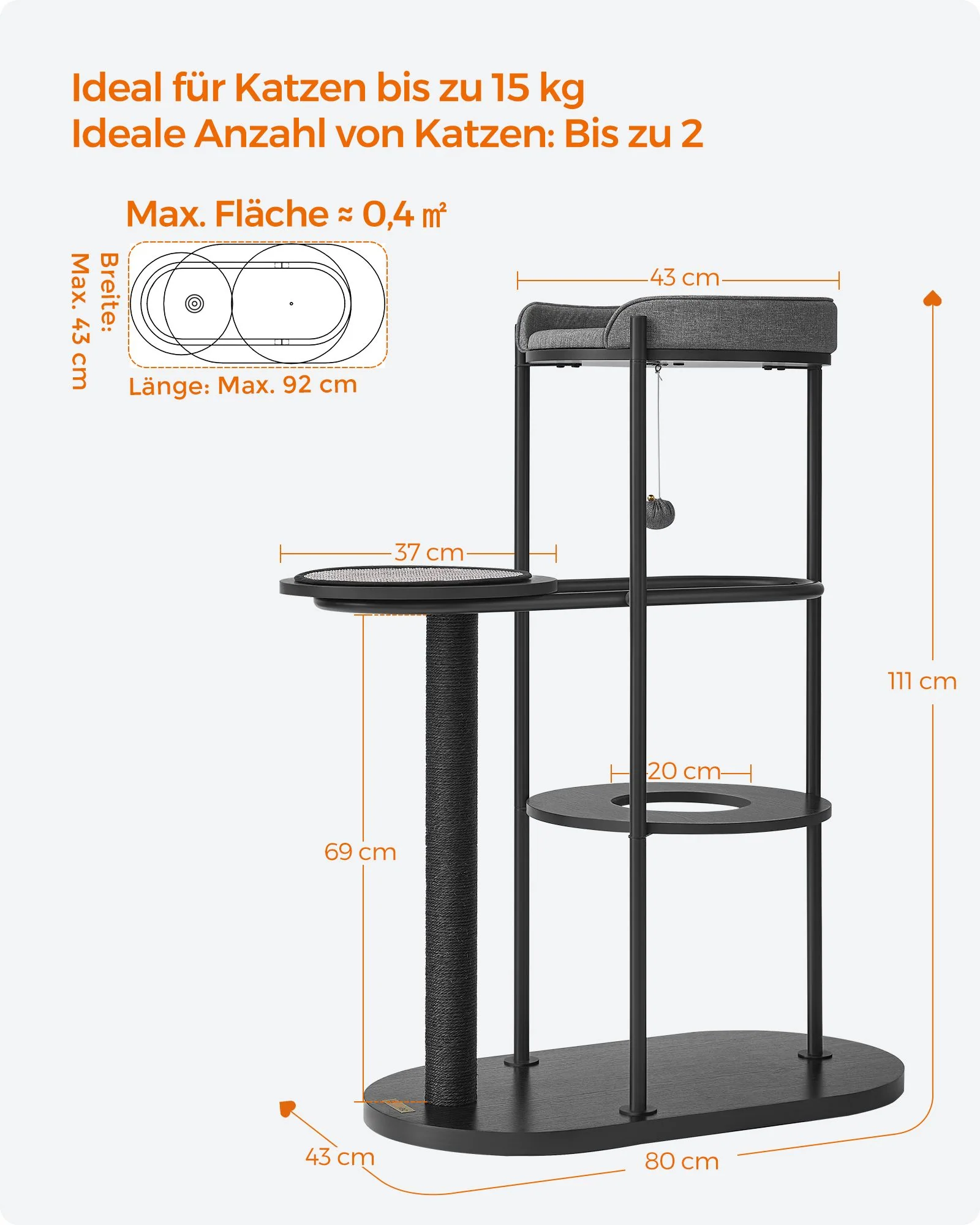 Krabpalen – 111 cm hoog – Metalen buizen – Kussen en platform – Sisalpaal – Kattenspeelbal – 80 x 43 cm – Voor kleine, grote en oude katten – Draagkracht 60 kg - Image 4