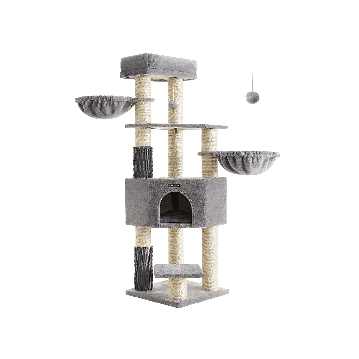 Krabpalen – Zelfverwarmende dekens – Voor grote katten – 2 kattenborstels – 9 palen Ø 11,1 cm – Grote platforms – Holletje – 50 x 50 x 160 cm – Max. belasting 105 kg – Geschikt voor tot 5 katten