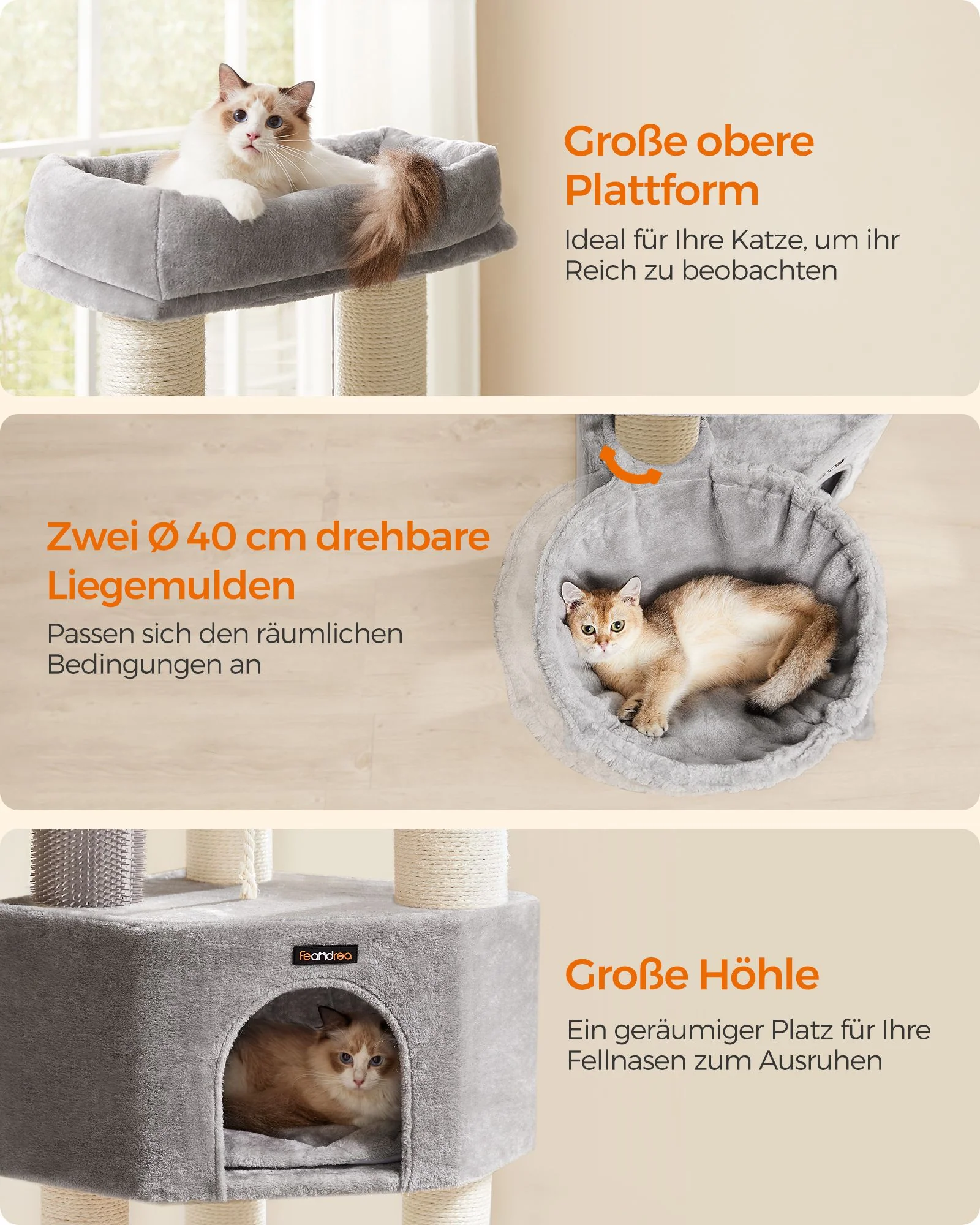 Krabpalen – Zelfverwarmende dekens – Voor grote katten – 2 kattenborstels – 9 palen Ø 11,1 cm – Grote platforms – Holletje – 50 x 50 x 160 cm – Max. belasting 105 kg – Geschikt voor tot 5 katten - Image 2
